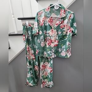 Cupcakes & Cashmere Pajama Set Women Med Green Floral Button Up Pockets